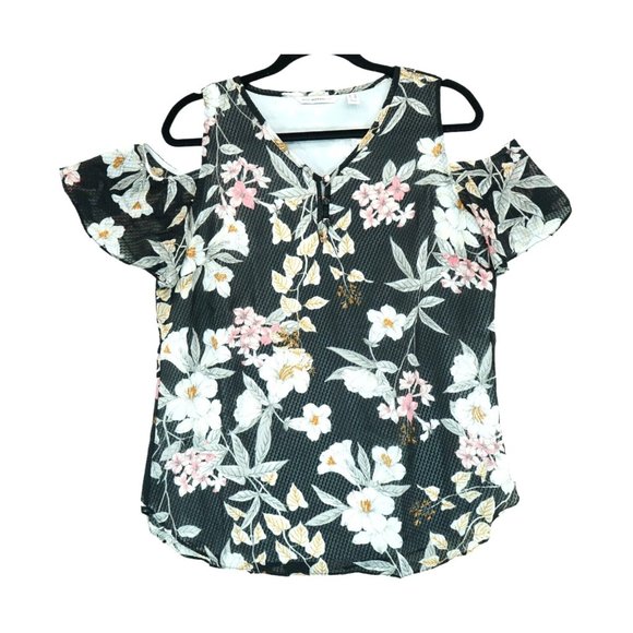 NWOT Isaac Mizrahi Live Black Floral Design Cold Shoulder Lined Blouse Size 10 - Picture 1 of 5